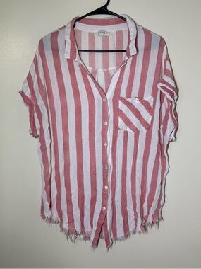 Umgee White and Dusty Rose Striped Button-Up with Frayed Bottom
